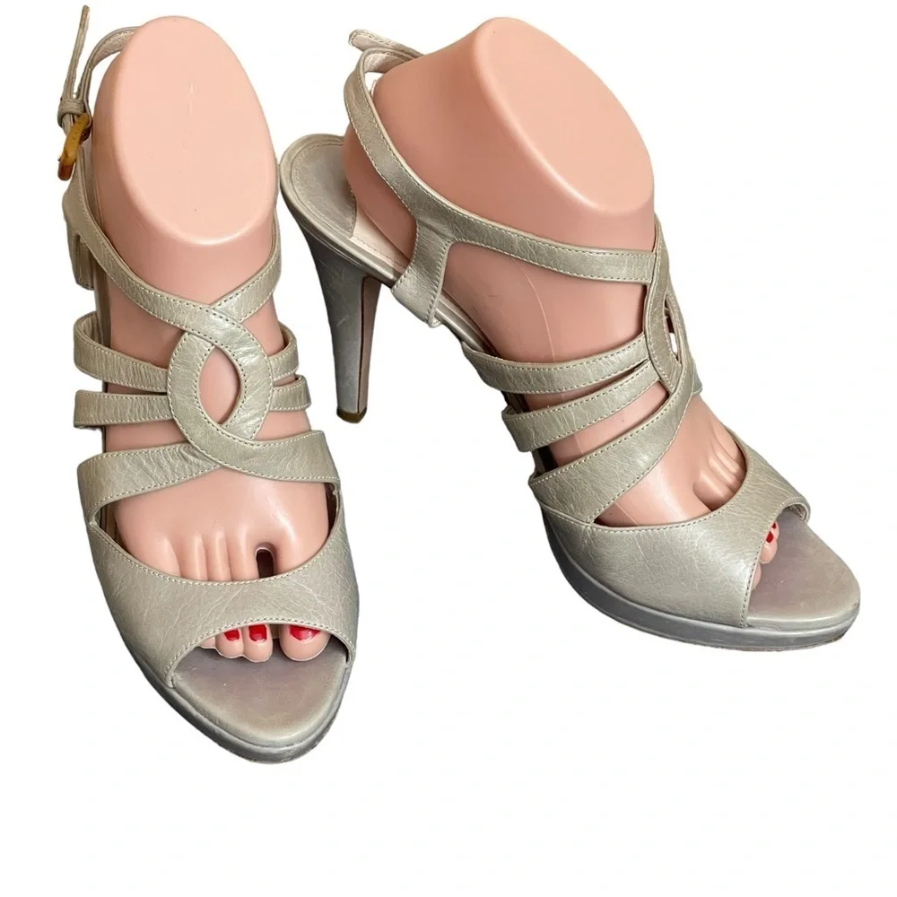 PRADA Women's Heels Calzatore Donna Grey Leather Slingback Sandals size 41(11)